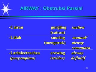 20
-Cairan gurgling suction
(cairan)
-Lidah snoring manual/
(mengorok) airway
sementara
-Larinks/trachea crowing airway
(penyempitan) (stridor) definitif
AIRWAY : Obstruksi Parsial
 