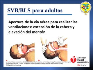 SVB/BLS para adultos
Apertura	de	la	vía aérea para	realizar las
ventilaciones:	extensión de	la	cabeza y	
elevación del	mentón.
American Heart Association. Web-basedIntegrated Guidelines for Cardiopulmnary Resuscitationand Emergency
Cardiovascular Care – Part 5: Adult Basic Life Support andCardiopulmonary ResuscitationQuality.
ECCguidelines.heart.org.
 