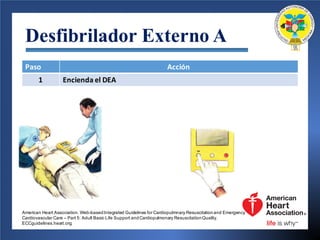 Desfibrilador Externo A
Paso	 Acción
1 Encienda el	DEA
American Heart Association. Web-basedIntegrated Guidelines for Cardiopulmnary Resuscitationand Emergency
Cardiovascular Care – Part 5: Adult Basic Life Support andCardiopulmonary ResuscitationQuality.
ECCguidelines.heart.org.
 