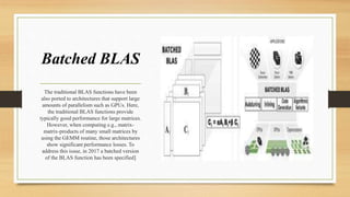 Batched BLAS
The traditional BLAS functions have been
also ported to architectures that support large
amounts of parallelism such as GPUs. Here,
the traditional BLAS functions provide
typically good performance for large matrices.
However, when computing e.g., matrix-
matrix-products of many small matrices by
using the GEMM routine, those architectures
show significant performance losses. To
address this issue, in 2017 a batched version
of the BLAS function has been specified]
 