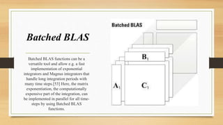Batched BLAS
Batched BLAS functions can be a
versatile tool and allow e.g. a fast
implementation of exponential
integrators and Magnus integrators that
handle long integration periods with
many time steps.[53] Here, the matrix
exponentiation, the computationally
expensive part of the integration, can
be implemented in parallel for all time-
steps by using Batched BLAS
functions.
 