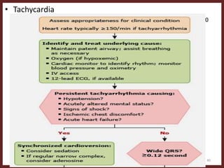 • Tachycardia
– HR above 100 beats per minute, Symptomatic tachycardia: rates over 150
beats per minute.
– Management of tachyarrhythmia is governed by the presence of clinical
symptoms and signs caused by the rapid heart rate.
40
 