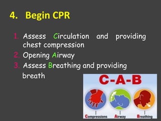 4. Begin CPR
1. Assess Circulation and providing
chest compression
2. Opening Airway
3. Assess Breathing and providing
breath
 