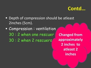 Contd…
 Depth of compression should be atleast
2inches (5cm).
 Compression : ventilation
30 : 2 when one rescuer
30 : 2 when 2 rescuers
Changed from
approximately
2 inches to
atleast 2
inches
 