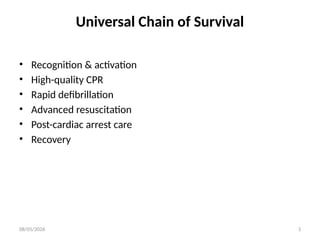 08/05/2026 3
Universal Chain of Survival
• Recognition & activation
• High-quality CPR
• Rapid defibrillation
• Advanced resuscitation
• Post-cardiac arrest care
• Recovery
 