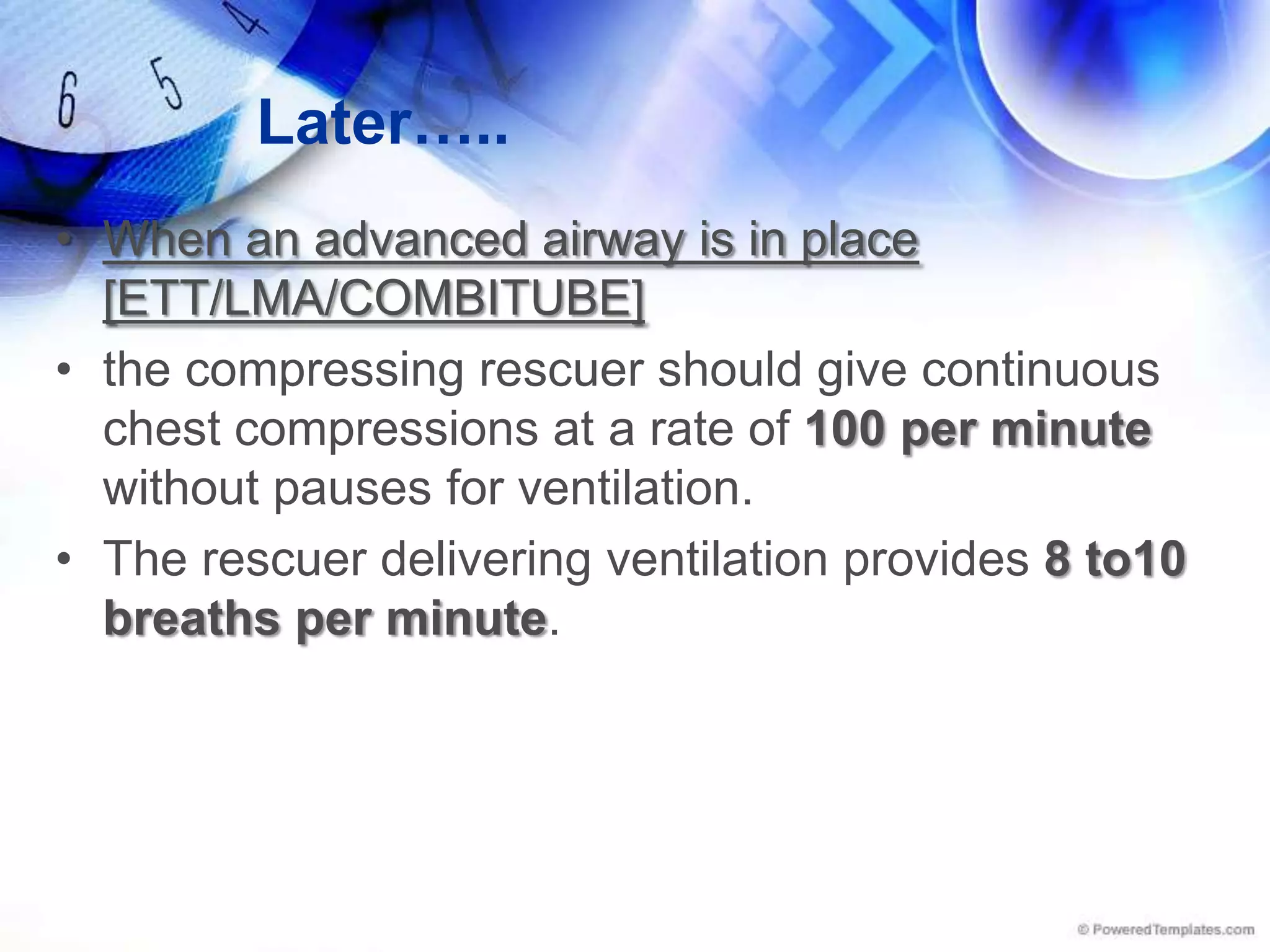 PUSH HARD AND FASTFAST100 compressions per minute, HARD with a compression depth of 11⁄2 to 2 inches (approximately 4 to 5 cm). Allow the chest to recoil completely after each compression, and allow approximately equal compression and relaxation timesMinimize interruptions[Ideally, compression should be interrupted only for ventilation (until an advanced airway is placed), rhythm check, or shock delivery].