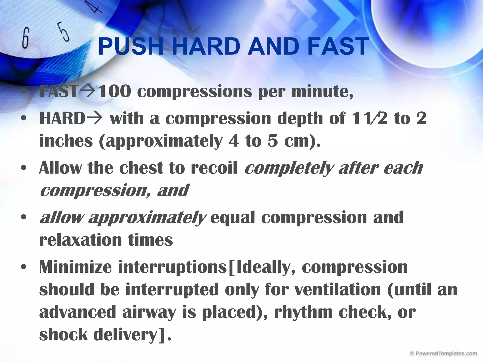 Techniquerescuer kneeling beside the victim’s thorax.The rescuer should place the heel of the hand on the in the lower half of the victim’s sternum in the center (middle) of the chest between the nipples and then place the heel of the second hand on top of the first so that the hands are overlapped and parallel