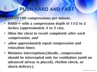 Techniquerescuer kneeling beside the victim’s thorax.The rescuer should place the heel of the hand on the in the lower half of the victim’s sternum in the center (middle) of the chest between the nipples and then place the heel of the second hand on top of the first so that the hands are overlapped and parallel
