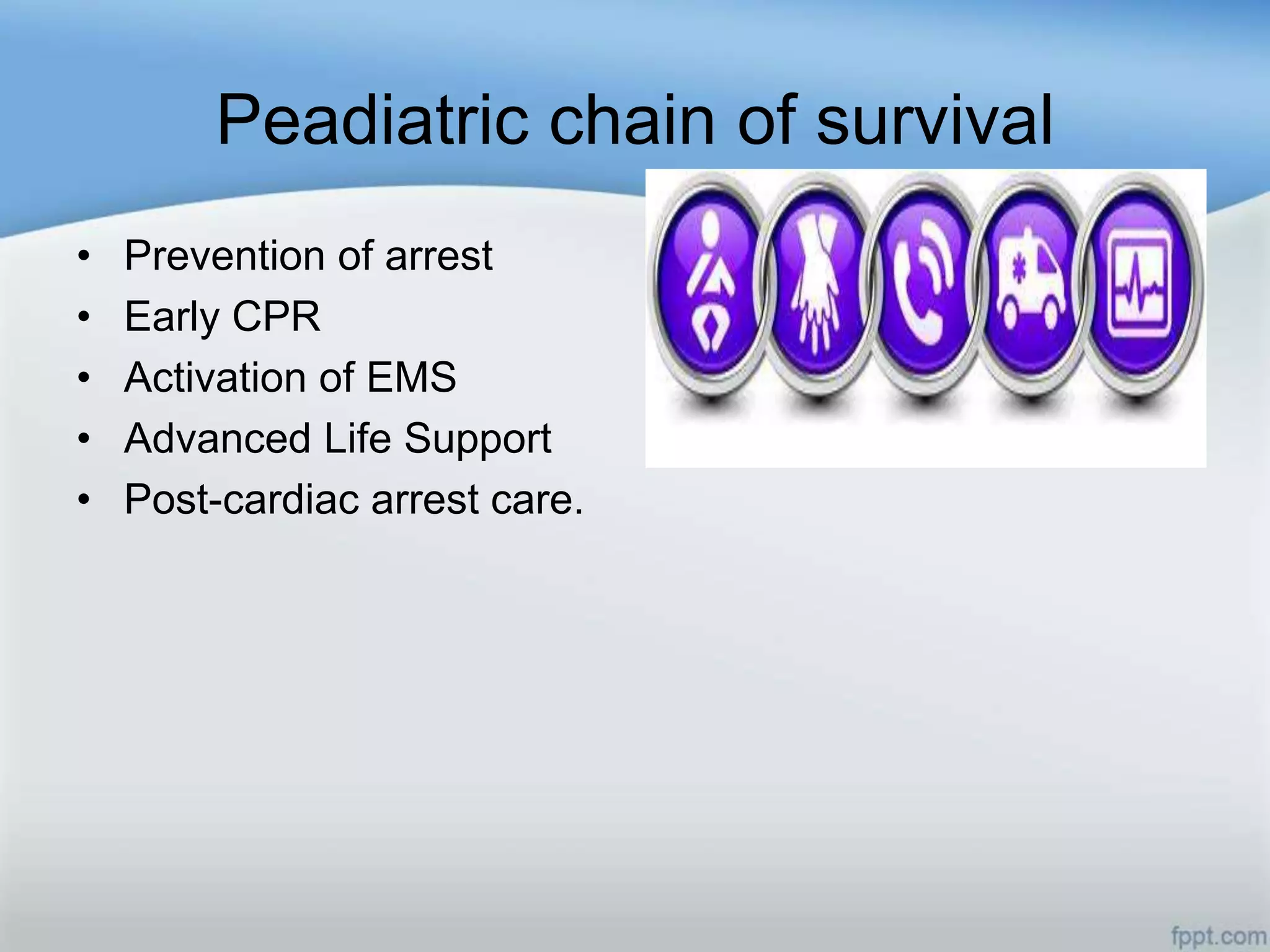 Peadiatric chain of survival
•   Prevention of arrest
•   Early CPR
•   Activation of EMS
•   Advanced Life Support
•   Post-cardiac arrest care.
 