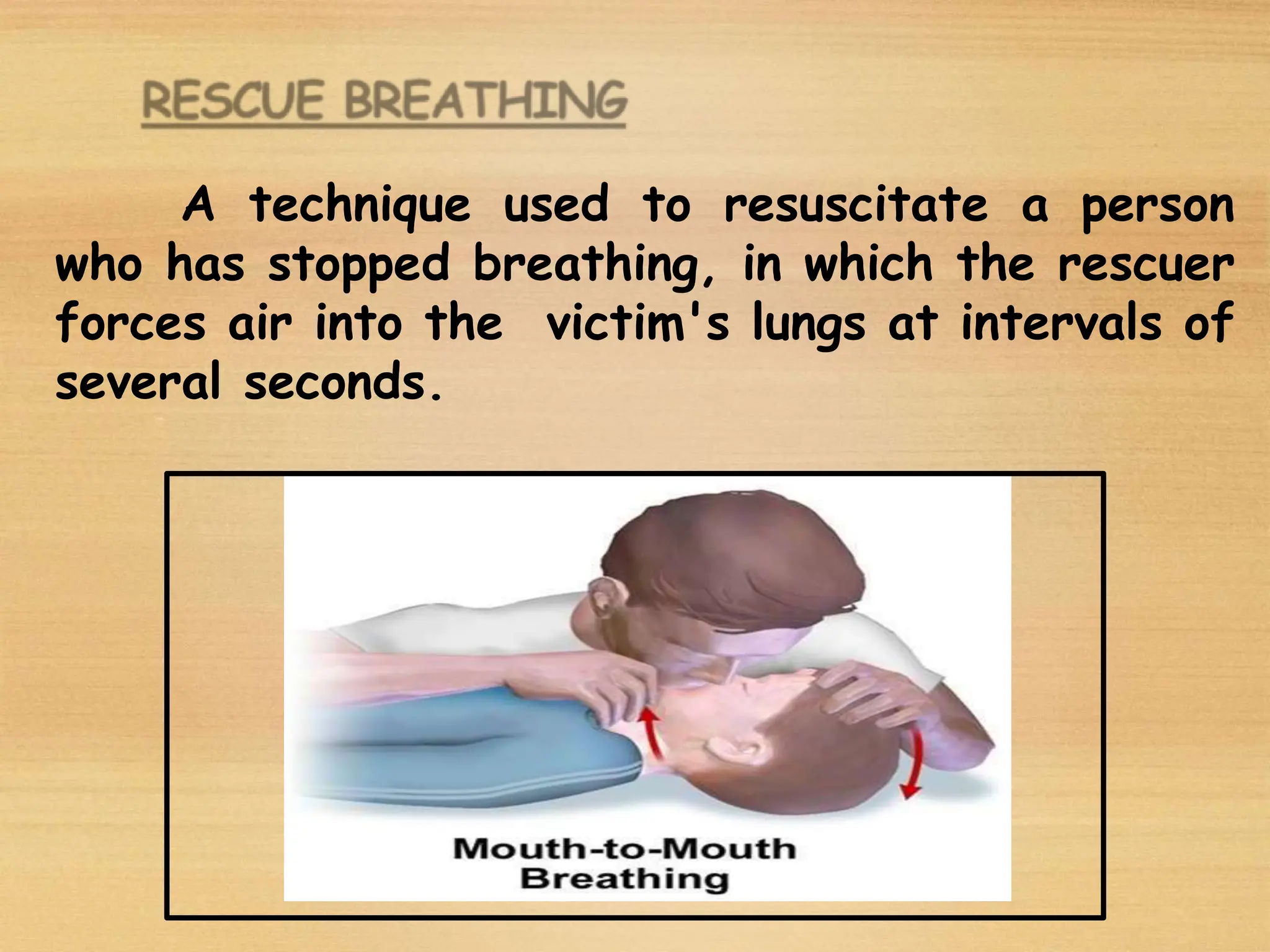 A technique used to resuscitate a person
who has stopped breathing, in which the rescuer
forces air into the victim's lungs at intervals of
several seconds.
 