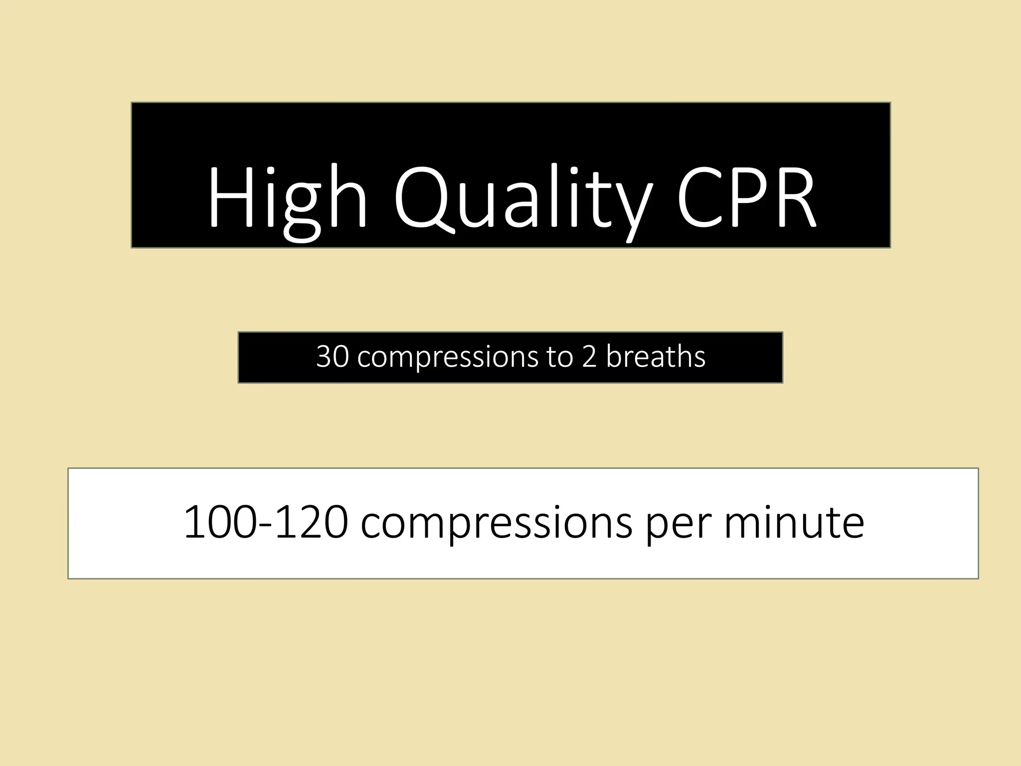 High Quality CPR
30 compressions to 2 breaths
100-120 compressions per minute
 