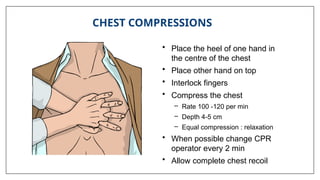 • Place the heel of one hand in
the centre of the chest
• Place other hand on top
• Interlock fingers
• Compress the chest
– Rate 100 -120 per min
– Depth 4-5 cm
– Equal compression : relaxation
• When possible change CPR
operator every 2 min
• Allow complete chest recoil
CHEST COMPRESSIONS
 
