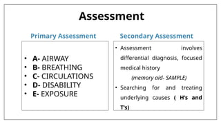 Assessment
Primary Assessment Secondary Assessment
• A- AIRWAY
• B- BREATHING
• C- CIRCULATIONS
• D- DISABILITY
• E- EXPOSURE
• Assessment involves
differential diagnosis, focused
medical history
(memory aid- SAMPLE)
• Searching for and treating
underlying causes ( H’s and
T’s)
 