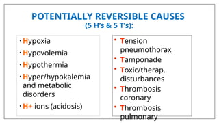 POTENTIALLY REVERSIBLE CAUSES
(5 H’s & 5 T’s):
• Tension
pneumothorax
• Tamponade
• Toxic/therap.
disturbances
• Thrombosis
coronary
• Thrombosis
pulmonary
• Hypoxia
• Hypovolemia
• Hypothermia
• Hyper/hypokalemia
and metabolic
disorders
• H+ ions (acidosis)
 