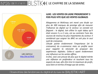 LE CHIFFRE DE LA SEMAINE


                       LUXE : LES VENTES EN LIGNE PROGRESSENT 3
                       FOIS PLUS VITE QUE LES VENTES GLOBALES

                       Altagamma et McKinsey ont mené une étude sur
                       plus de 300 marques de prestige afin de mesurer
                       l’influence du digital sur le secteur. Le constat est
                       flagrant : le digital, loin d’être le sujet tabou qu’il
                       était encore il y a 5 ans, est au contraire l’une des
                       sources de revenus les plus importantes du secteur. Il
                       semblerait que soigner les BRIC ne soit plus le seul
                       outil de croissance.
                       L’étude pointe évidemment l’importance (et la
                       croissance) du e-commerce mais en profite aussi
                       pour rappeler la nécessité de proposer des
                       expériences digitales. Celles-ci ayant évidemment
  LIRE L’ARTICLE       une influence sur les ventes offline.
http://bit.ly/TzfciZ   In fine, voici une preuve de plus que le digital mérite
                       une réflexion en profondeur et touchant tous les
                       aspects du luxe, afin d’en tirer le maximum de profit,
                       aussi bien en termes d’image que de ventes.
 