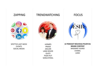 TRENDWATCHING
SPOTTED LAST WEEK
EVENTS
SOCIAL MEDIA
LE PODCAST NOUVEAU PILIER DU
BRAND CONTENT
MADAME FIGARO
CHANEL
LVMH
ZAPPING FOCUS
HERMÈS
PRADA
JAGUAR
LAND ROVER
GUCCI
PIZZA HUT
SONIA RYKIEL
 