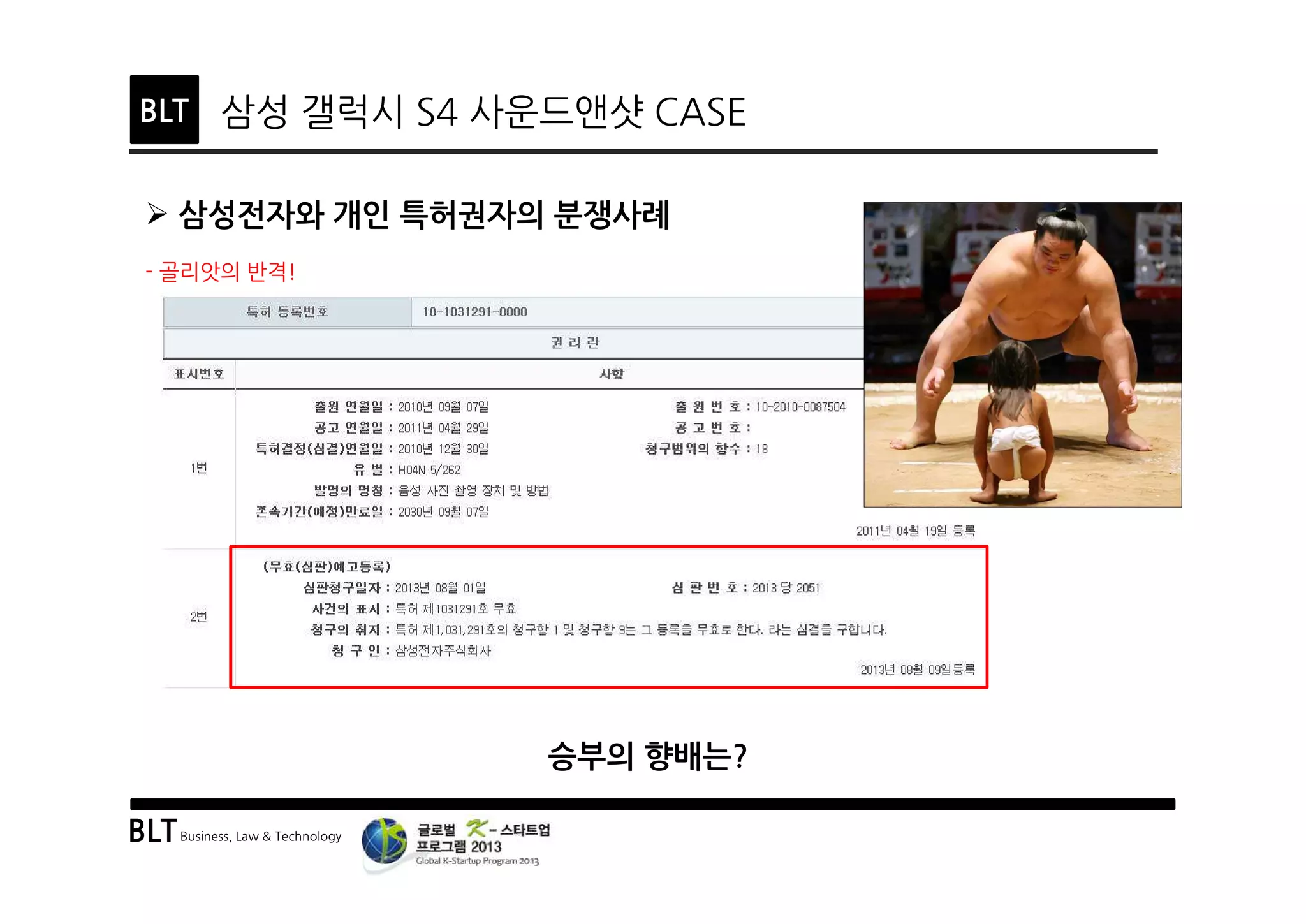 BLTBusiness, Law & Technology
BLT 삼성 갤럭시 S4 사운드앤샷 CASE
Ø 삼성전자와 개인 특허권자의 분쟁사례
- 골리앗의 반격!
승부의 향배는?
 