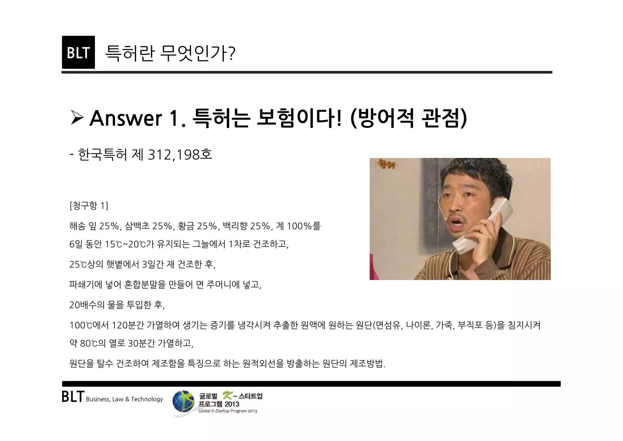 BLTBusiness, Law & Technology
BLT 특허란 무엇인가?
Ø Answer 1. 특허는 보험이다! (방어적 관점)
- 한국특허 제 312,198호
[청구항 1]
해송 잎 25%, 삼백초 25%, 황금 25%, 백리향 25%, 계 100%를
6일 동안 15℃~20℃가 유지되는 그늘에서 1차로 건조하고,
25℃상의 햇볕에서 3일간 재 건조한 후,
파쇄기에 넣어 혼합분말을 만들어 면 주머니에 넣고,
20배수의 물을 투입한 후,
100℃에서 120분간 가열하여 생기는 증기를 냉각시켜 추출한 원액에 원하는 원단(면섬유, 나이론, 가죽, 부직포 등)을 침지시켜
약 80℃의 열로 30분간 가열하고,
원단을 탈수 건조하여 제조함을 특징으로 하는 원적외선을 방출하는 원단의 제조방법.
 