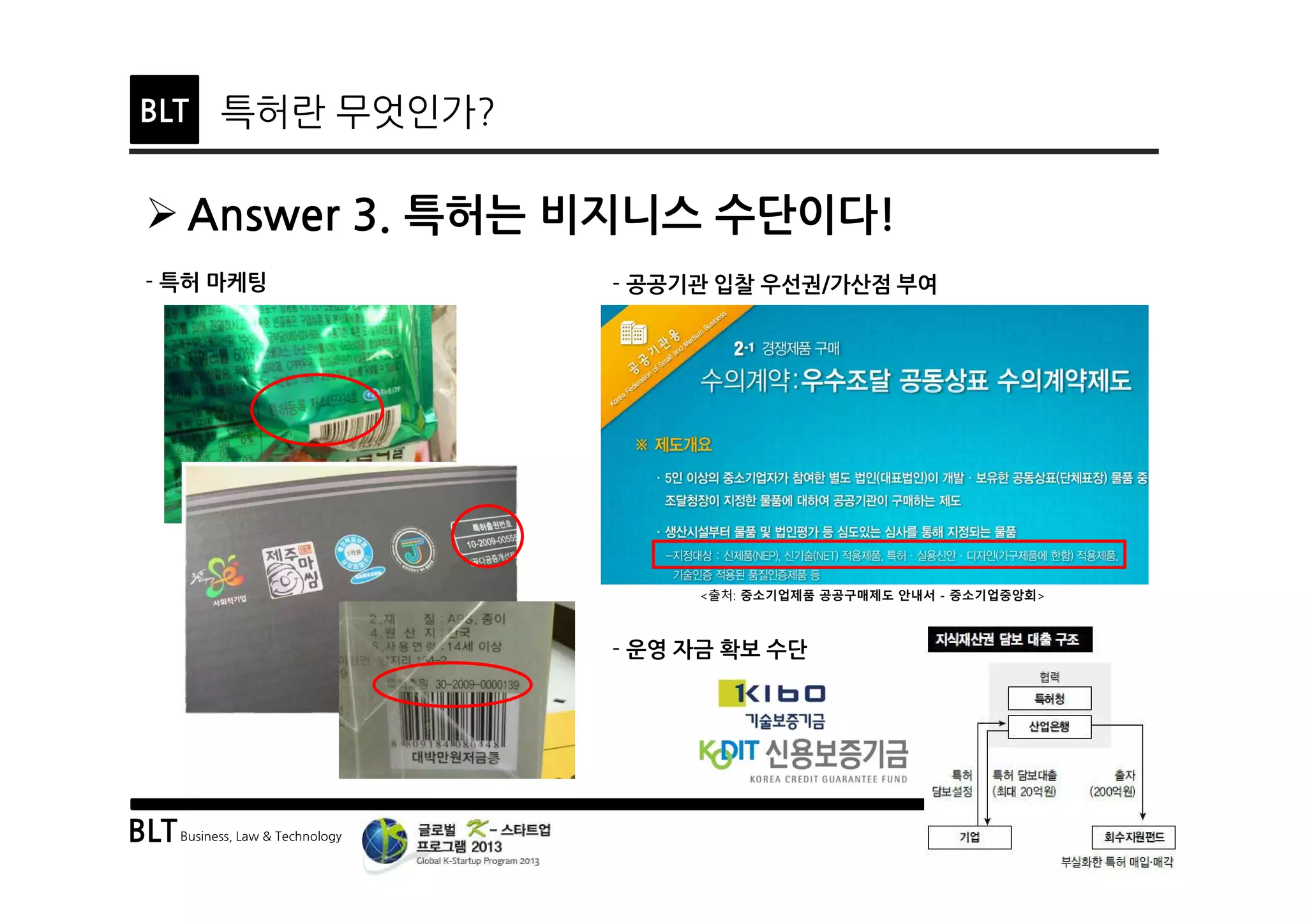 BLTBusiness, Law & Technology
BLT 특허란 무엇인가?
Ø Answer 3. 특허는 비지니스 수단이다!
- 특허 마케팅 - 공공기관 입찰 우선권/가산점 부여
- 운영 자금 확보 수단
<출처: 중소기업제품 공공구매제도 안내서 - 중소기업중앙회>
 