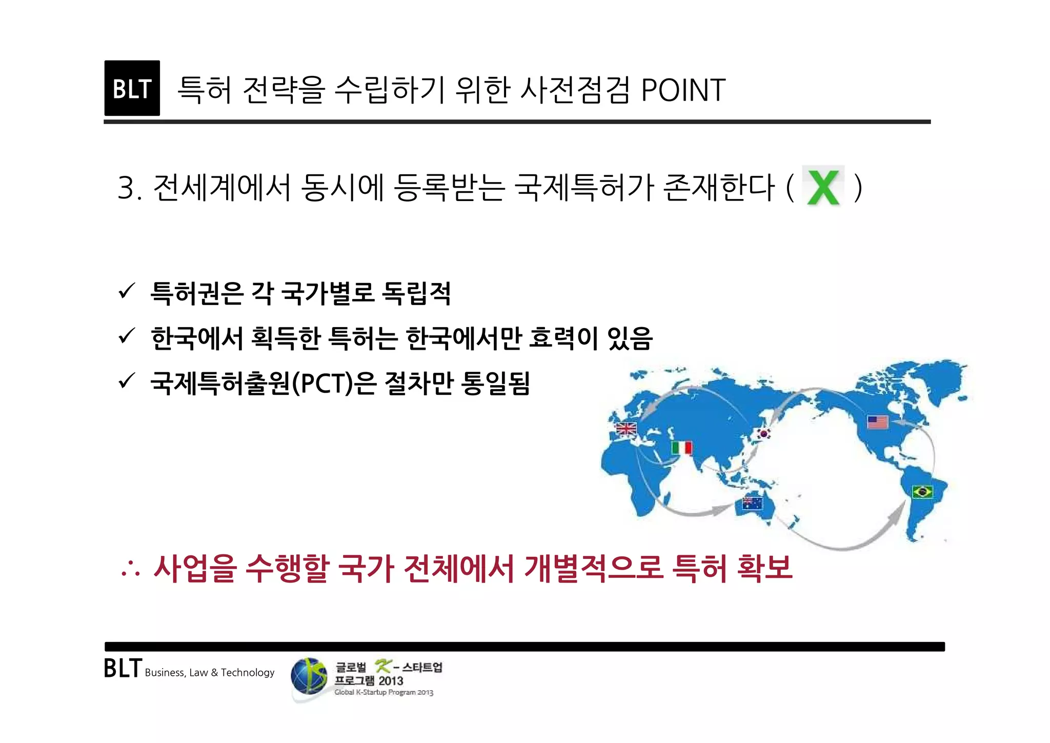 BLTBusiness, Law & Technology
BLT 특허 전략을 수립하기 위한 사전점검 POINT
3. 전세계에서 동시에 등록받는 국제특허가 존재한다 ( )
ü 특허권은 각 국가별로 독립적
ü 한국에서 획득한 특허는 한국에서만 효력이 있음
ü 국제특허출원(PCT)은 절차만 통일됨
∴ 사업을 수행할 국가 전체에서 개별적으로 특허 확보
 