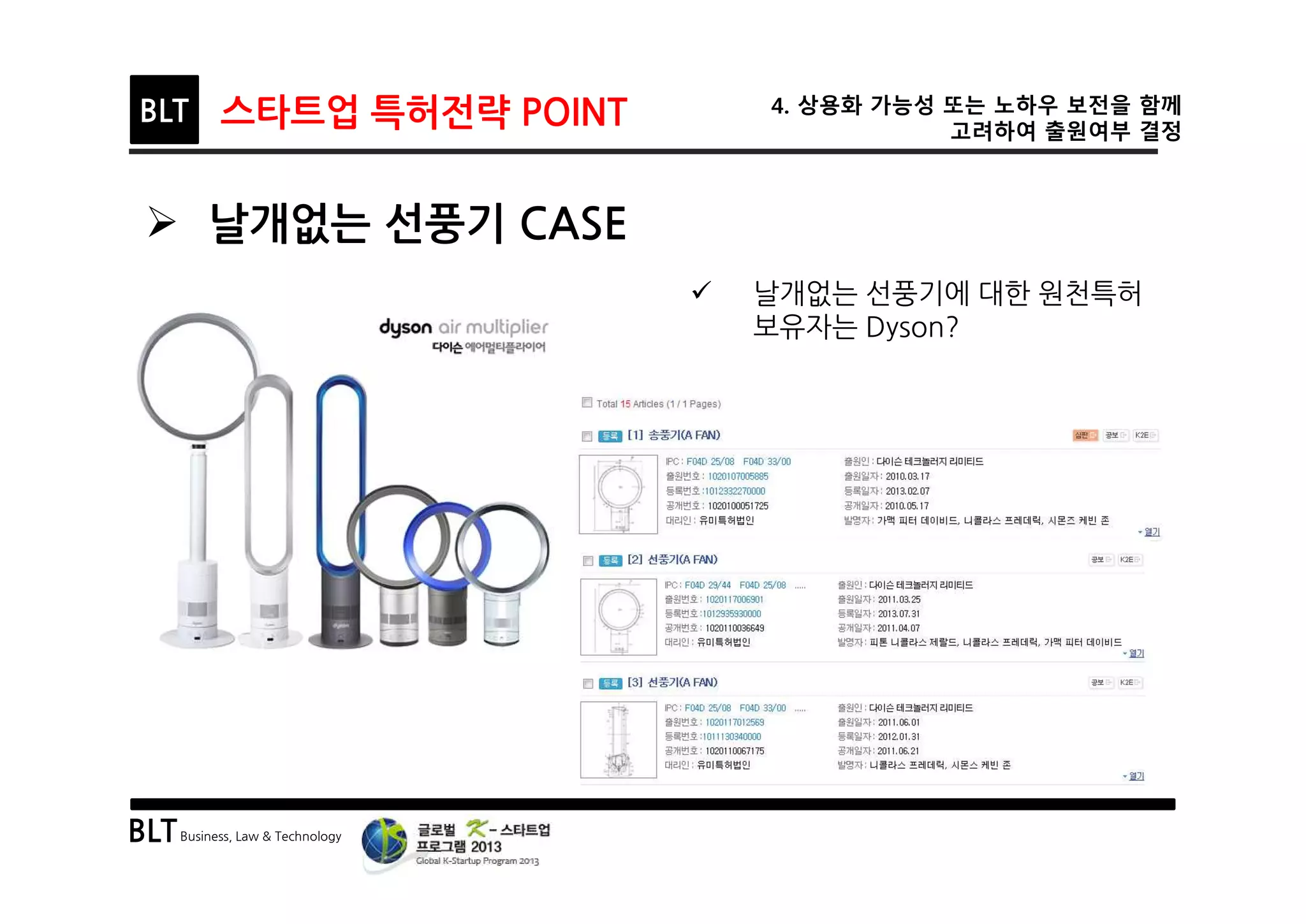 BLTBusiness, Law & Technology
BLT 스타트업 특허전략 POINT 4. 상용화 가능성 또는 노하우 보전을 함께
고려하여 출원여부 결정
Ø 날개없는 선풍기 CASE
ü 날개없는 선풍기에 대한 원천특허
보유자는 Dyson?
 