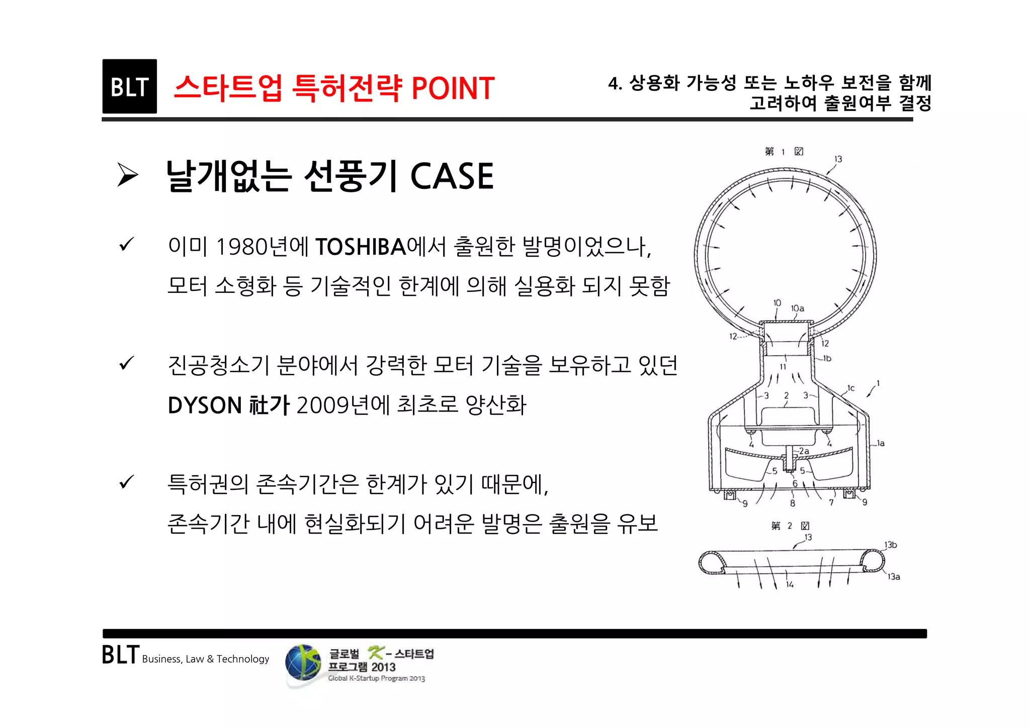 BLTBusiness, Law & Technology
BLT 스타트업 특허전략 POINT 4. 상용화 가능성 또는 노하우 보전을 함께
고려하여 출원여부 결정
Ø 날개없는 선풍기 CASE
ü 이미 1980년에 TOSHIBA에서 출원한 발명이었으나,
모터 소형화 등 기술적인 한계에 의해 실용화 되지 못함
ü 진공청소기 분야에서 강력한 모터 기술을 보유하고 있던
DYSON 社가 2009년에 최초로 양산화
ü 특허권의 존속기간은 한계가 있기 때문에,
존속기간 내에 현실화되기 어려운 발명은 출원을 유보
 