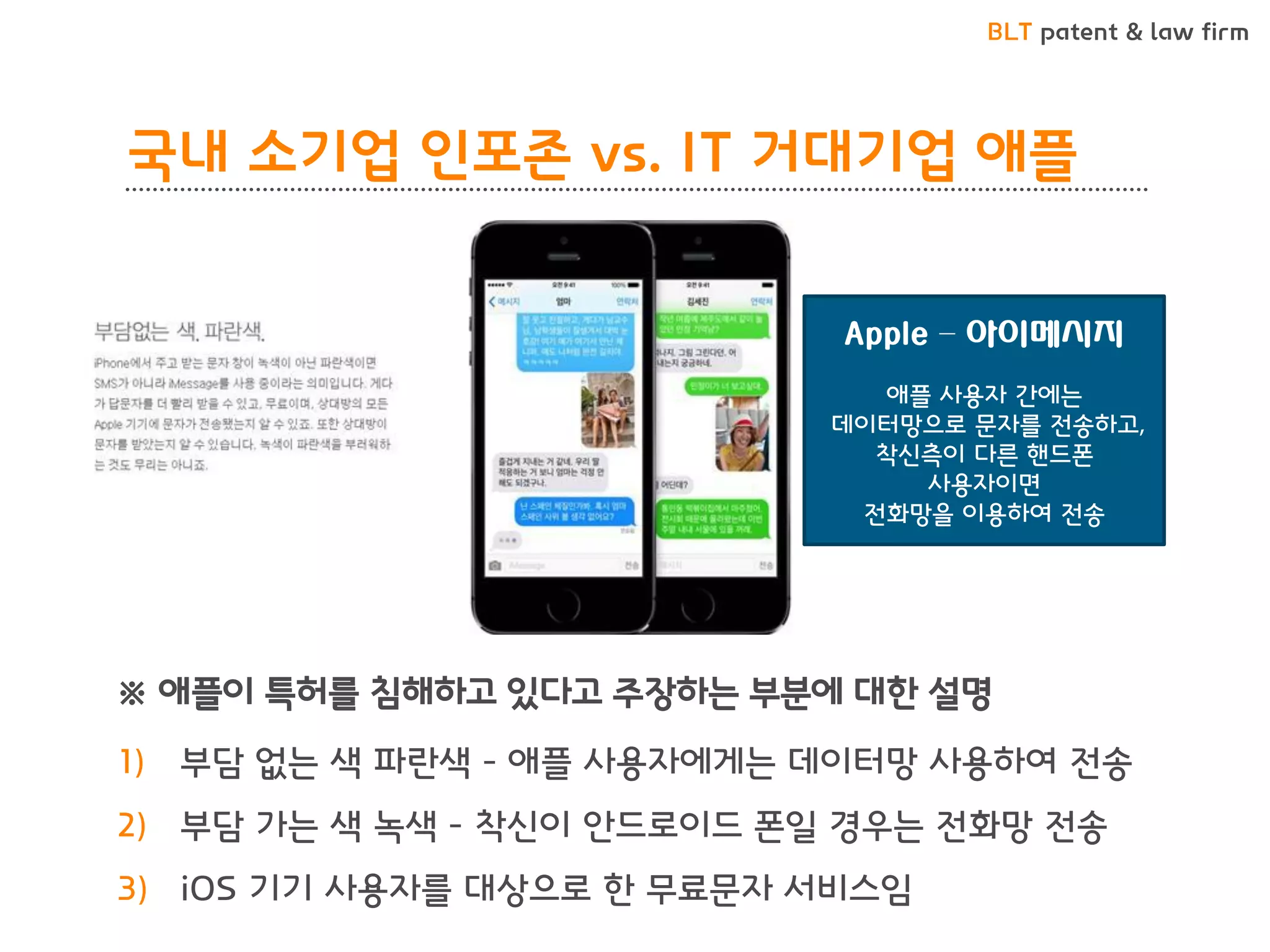 BLT patent & law firm 
국내 소기업 인포존 vs. IT 거대기업 애플 
※ 애플이 특허를 침해하고 있다고 주장하는 부분에 대한 설명 
1)부담 없는 색 파란색 - 애플 사용자에게는 데이터망 사용하여 전송 
2)부담 가는 색 녹색 - 착신이 안드로이드 폰일 경우는 전화망 전송 
3)iOS 기기 사용자를 대상으로 한 무료문자 서비스임 
Apple – 아이메시지 애플 사용자 간에는 데이터망으로 문자를 전송하고, 착신측이 다른 핸드폰 사용자이면 전화망을 이용하여 전송  