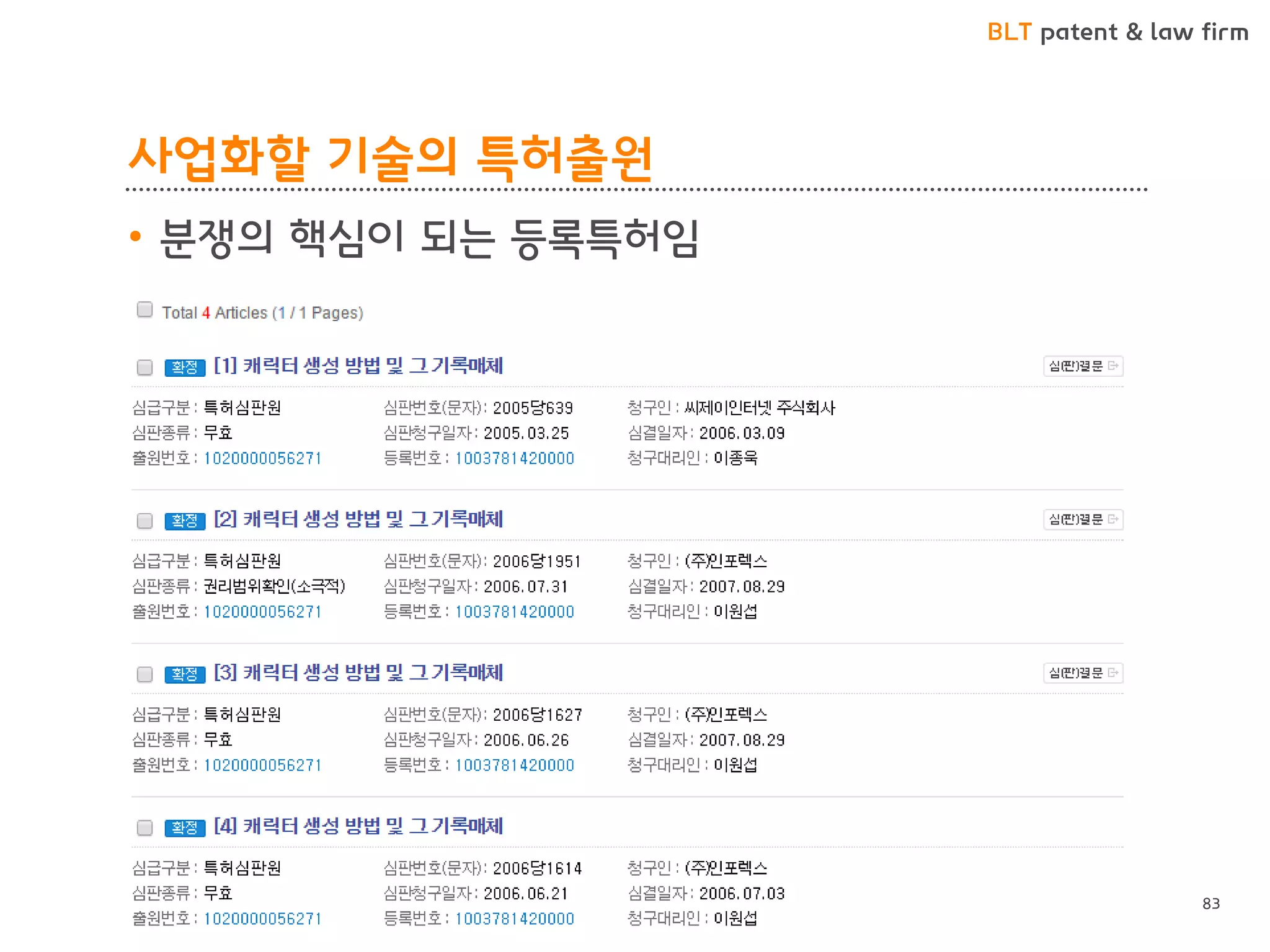 BLT patent & law firm 
사업화할 기술의 특허출원 
83 
•분쟁의 핵심이 되는 등록특허임  