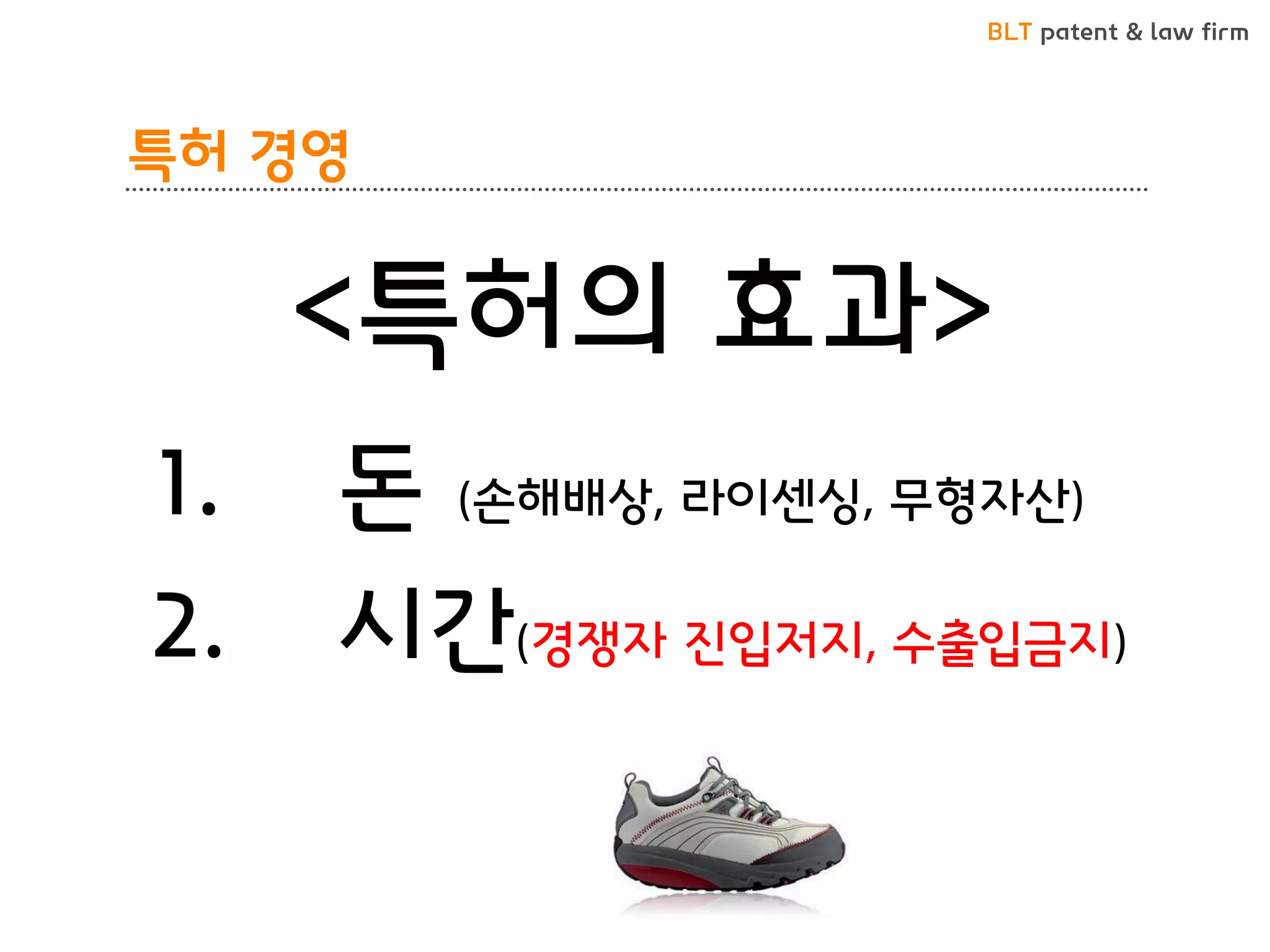 BLT patent & law firm 
특허 경영 
<특허의 효과> 
1.돈 (손해배상, 라이센싱, 무형자산) 
2.시간(경쟁자 진입저지, 수출입금지)  