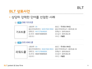 BLT patent & law firm
BLT
BLT 상표사건
• 상당히 강력한 단어를 선점한 사례
18
 