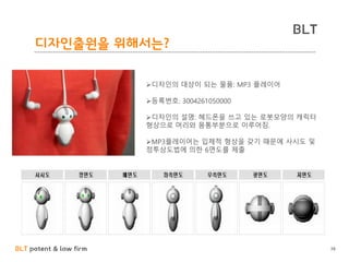 BLT patent & law firm
BLT
디자인출원을 위해서는?
38
디자인의 대상이 되는 물품: MP3 플레이어
등록번호: 3004261050000
디자인의 설명: 헤드폰을 쓰고 있는 로봇모양의 캐릭터
형상으로 머리와 몸통부분으로 이루어짐.
MP3플레이어는 입체적 형상을 갖기 때문에 사시도 및
정투상도법에 의한 6면도를 제출
 