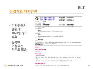 BLT patent & law firm
BLT
창업가와 디자인권
56
• 디자인권은
출원 후
10개월 정도
소요
• 등록이
거절되는
경우도 많음
 