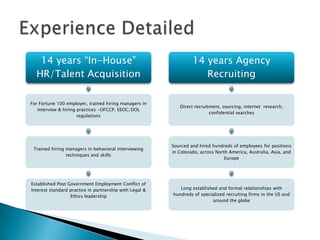 14 years “In-House”                                            14 years Agency
  HR/Talent Acquisition                                              Recruiting

For Fortune 100 employer, trained hiring managers in
                                                            Direct recruitment, sourcing, internet research,
   interview & hiring practices -OFCCP, EEOC/DOL
                                                                          confidential searches
                      regulations




                                                         Sourced and hired hundreds of employees for positions
 Trained hiring managers in behavioral interviewing
                                                         in Colorado, across North America, Australia, Asia, and
                techniques and skills
                                                                                 Europe




Established Post Government Employment Conflict of
Interest standard practice in partnership with Legal &      Long established and formal relationships with
                  Ethics leadership                      hundreds of specialized recruiting firms in the US and
                                                                          around the globe
 