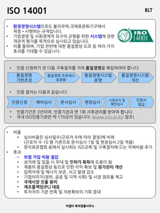 BLT
비엘티 특허법률사무소
ISO 14001
• 환경경영시스템으로도 불리우며,국제표준화기구에서
제정•시행하는 규격입니다.
• 기업경영 및 사회경제적 요구의 균형을 위한 시스템에 관한
객관적 평가를 목적으로 실시되고 있습니다.
• 이를 통하여, 기업 전반에 대한 품질향상 도모 등 여러 가지
효과를 기대할 수 있습니다.
• 인증 신청하기 전 다음 구축절차를 거쳐 품질경영을 확립하여야 합니다.
• 인증 절차는 다음과 같습니다.
• 인증기간은 3년이며, 인증기관과 연 1회 사후관리를 받아야 합니다.
• 국내 ISO인증기관은 약 170곳이 있습니다. (www.icin.or.kr/ 참조)
품질경영
기반조성
품질경영 프로세스
표준화
품질경영시스템
운영
품질경영시스템
개선
인증신청 예비심사 문서심사 현장심사
시정조치 및
확인심사
인증서
발급
• 비용
• 심사비용은 심사일수(근로자 수에 따라 결정)에 비례
(근로자 수 10 명 기준으로 문서심사 1일 및 현장심사 2일 적용)
• 한국표준협회 등에서 실시하는 ISO교육 및 구축절차에 드는 자체비용 추가
• 효과
• 보험 가입 비용 절감
• 상거래 및 입찰 시 우대 및 인허가 획득에 도움이 됨
• 제품의 품질향상 등으로 인한 이익 확보 및 원가관리 개선
• 입력자재 및 에너지 보존, 사고 발생 감소
• 기업이미지(정부, 공공 및 지역 사회) 및 시장 점유율 제고
• 국제시장 진출 용이
• 제조물책임(PL) 대응
• 투자자의 기준 만족 및 자본확보의 기회 증대
 