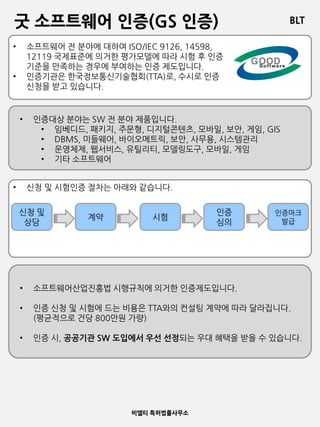 BLT
비엘티 특허법률사무소
굿 소프트웨어 인증(GS 인증)
• 소프트웨어 전 분야에 대하여 ISO/IEC 9126, 14598,
12119 국제표준에 의거한 평가모델에 따라 시험 후 인증
기준을 만족하는 경우에 부여하는 인증 제도입니다.
• 인증기관은 한국정보통신기술협회(TTA)로, 수시로 인증
신청을 받고 있습니다.
• 인증대상 분야는 SW 전 분야 제품입니다.
• 임베디드, 패키지, 주문형, 디지털콘텐츠, 모바일, 보안, 게임, GIS
• DBMS, 미들웨어, 바이오메트릭, 보안, 사무용, 시스템관리
• 운영체제, 웹서비스, 유틸리티, 모델링도구, 모바일, 게임
• 기타 소프트웨어
• 신청 및 시험인증 절차는 아래와 같습니다.
신청 및
상담
계약 시험
인증
심의
인증마크
발급
• 소프트웨어산업진흥법 시행규칙에 의거한 인증제도입니다.
• 인증 신청 및 시험에 드는 비용은 TTA와의 컨설팅 계약에 따라 달라집니다.
(평균적으로 건당 800만원 가량)
• 인증 시, 공공기관 SW 도입에서 우선 선정되는 우대 혜택을 받을 수 있습니다.
 