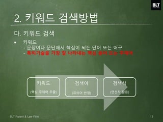 다. 키워드 검색
키워드
- 문장이나 문단에서 핵심이 되는 단어 또는 어구
- 특허기술을 가장 잘 나타내는 핵심 용어 또는 주제어
키워드
(핵심 주제어 추출)
검색어
(유의어 반영)
검색식
(연산자 활용)
2. 키워드 검색방법
13BLT Patent & Law Firm
 