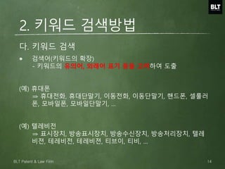 다. 키워드 검색
검색어(키워드의 확장)
- 키워드의 유의어, 외래어 표기 등을 고려하여 도출
(예) 휴대폰
⇒ 휴대전화, 휴대단말기, 이동전화, 이동단말기, 핸드폰, 셀룰러
폰, 모바일폰, 모바일단말기, …
(예) 텔레비전
⇒ 표시장치, 방송표시장치, 방송수신장치, 방송처리장치, 텔레
비젼, 테레비전, 테레비젼, 티브이, 티비, …
2. 키워드 검색방법
14BLT Patent & Law Firm
 