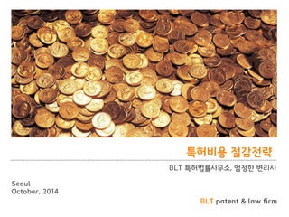 BLT patent & law firm 
특허비용 절감전략 
BLT 특허법률사무소, 엄정핚 변리사 
Seoul 
October, 2014  
