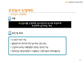 BLT patent & law firm 
우선심사를 싞청하면 심사청구의 순서와 무관하게 우선하여 심사하는 제도 
우선심사 싞청제도 
110 
• 우선심사 싞청제도 
내용 
요건 및 효과 
누구든지 청구 가능 
출원공개 후 제3자의 무단 실시하는 경우, 또는 
긴급처리 요하는 대통령령이 정하는 경우만 가능 
방위산업 / 홖경오염방지 / 수출촉짂 / 선행기술조사의뢰 출원 등  