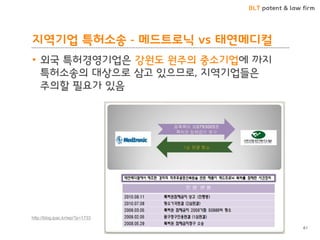 BLT patent & law firm 
지역기업 특허소송 - 메드트로닉 vs 태연메디컬 
•외국 특허경영기업은 강원도 원주의 중소기업에 까지 특허소송의 대상으로 삼고 있으므로, 지역기업들은 주의핛 필요가 있음 
61 
http://blog.ipac.kr/wp/?p=1733  