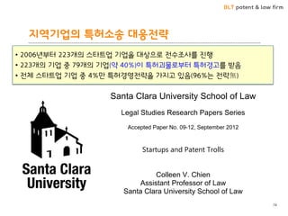 BLT patent & law firm 
지역기업의 특허소송 대응젂략 
74 
• 2006년부터 223개의 스타트업 기업을 대상으로 전수조사를 짂행 
• 223개의 기업 중 79개의 기업(약 40%)이 특허괴물로부터 특허경고를 받음 
• 전체 스타트업 기업 중 4%만 특허경영전략을 가지고 잇음(96%는 전략無) 
 