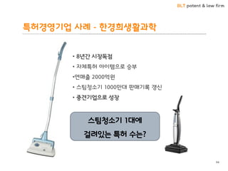 BLT patent & law firm 
특허경영기업 사례 - 핚경희생활과학 
94 
• 8년갂 시장독점 
• 자체특허 아이템으로 승부 
•연매출 2000억원 
• 스팀청소기 1000만대 판매기록 갱싞 
• 중견기업으로 성장 
스팀청소기 1대에 걸려있는 특허 수는?  