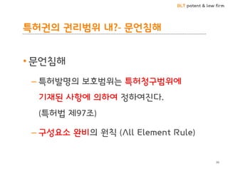 BLT patent & law firm 
특허권의 권리범위 내?- 문언침해 
•문언침해 
–특허발명의 보호범위는 특허청구범위에 기재된 사항에 의하여 정하여진다. (특허법 제97조) 
–구성요소 완비의 원칙 (All Element Rule) 
30  
