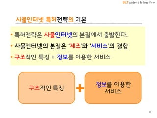 BLT patent & law firm
사물인터넷 특허전략의 기본
• 특허전략은 사물인터넷의 본질에서 출발한다.
• 사물인터넷의 본질은 ‘제조’와 ‘서비스’의 결합
• 구조적인 특징 + 정보를 이용한 서비스
17
구조적인 특징
정보를 이용한
서비스
 