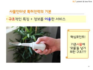 BLT patent & law firm
사물인터넷 특허전략의 기본
• 구조적인 특징 + 정보를 이용한 서비스
20
핵심포인트!
기존사물에
‘모듈’을 넣기
위한 구조???
 