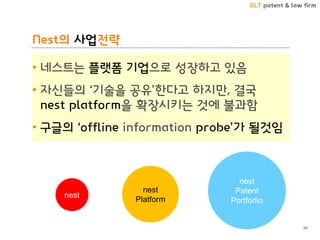 BLT patent & law firm
Nest의 사업전략
• 네스트는 플랫폼 기업으로 성장하고 있음
• 자신들의 ‘기술을 공유’한다고 하지만, 결국
nest platform을 확장시키는 것에 불과함
• 구글의 ‘offline information probe’가 될것임
26
nest
nest
Platform
nest
Patent
Portforlio
 