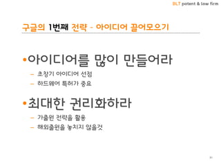 BLT patent & law firm
구글의 1번째 전략 – 아이디어 끌어모으기
31
•아이디어를 많이 만들어라
– 초창기 아이디어 선점
– 하드웨어 특허가 중요
•최대한 권리화하라
– 가출원 전략을 활용
– 해외출원을 놓치지 않을것
 