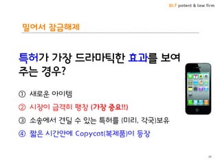 BLT patent & law firm
밀어서 잠금해제
29
특허가 가장 드라마틱한 효과를 보여
주는 경우?
① 새로운 아이템
② 시장이 급격히 팽창 (가장 중요!!)
③ 소송에서 견딜 수 있는 특허를 (미리, 각국)보유
④ 짧은 시간안에 Copycat(복제품)이 등장
 