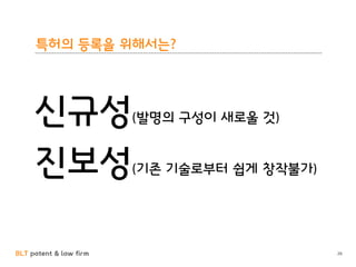 BLT patent & law firm
특허의 등록을 위해서는?
26
신규성(발명의 구성이 새로울 것)
진보성(기존 기술로부터 쉽게 창작불가)
 