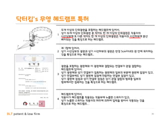 BLT patent & law firm
닥터킴’s 무영 헤드램프 특허
31
1
두개 이상의 단위광원을 포함하는 헤드램프에 있어서,
상기 두개 이상의 단위광원 중 적어도 한 개 이상의 단위광원은 착용자의
시선상부에 또 다른 적어도 한 개 이상의 단위광원은 착용자의 시선하부에 분산
배치되는 것을 특징으로 하는 헤드램프.
2
제 1항에 있어서,
상기 시선상부의 광원과 상기 시선하부의 광원은 반경 5cm이내의 원 안에 위치하는
것을 특징으로 하는 헤드램프..
3
광원을 포함하는 광원체와 이 광원체와 결합되는 연결부가 관절 결합하는
헤드램프에 있어서,
상기 광원체와 상기 연결부가 접촉하는 광원체의 일부의 부분에 광원체 접점이 있고,
상기 연결부에도 상기 광원체 접점에 대응하는 연결부 접점이 있고,
상기 광원체 접점과 상기 연결부 접점은 상기 관절 결합의 범위중 일부의
범위에서만 접촉하는 것을 특징으로 하는 헤드램프.
4
헤드램프에 있어서,
착용자가 헤드램프를 착용되는 착용부에 누름판 스위치가 있고,
상기 누름판 스위치는 착용자의 머리에 의하여 압박을 받아서 작동되는 것을
특징으로 하는 헤드램프. .
 